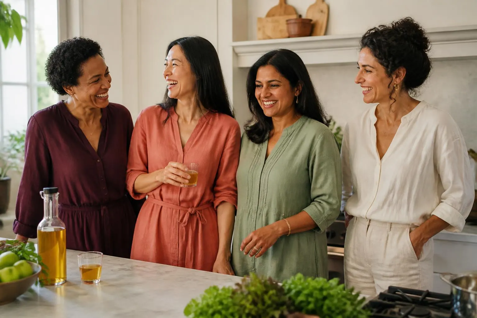 Quatre femmes de cultures différentes réunies dans une cuisine lumineuse